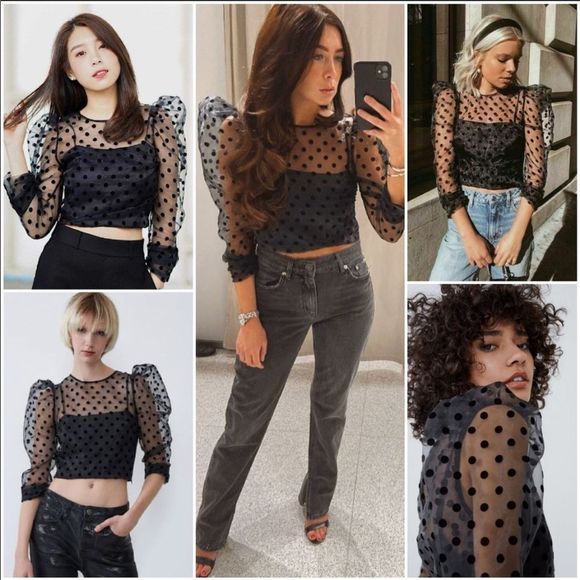 COPY - Zara Black Organza Polka Dot Crop Blouse NWT - Picture 6 of 14